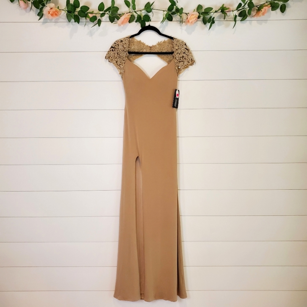 LA Femme High Slit Jersey Cap Sleeve Gown